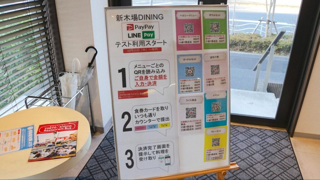 WILLER EXPRESS株式会社の東京営業所にある「新木場BASE」でヘルシーで栄養価のある食事を提供する「新木場DINING」に設置されたキャッシュレス決済の案内