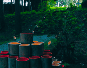 参加者が江田船山古墳を通る竹灯りの道を歩きます。