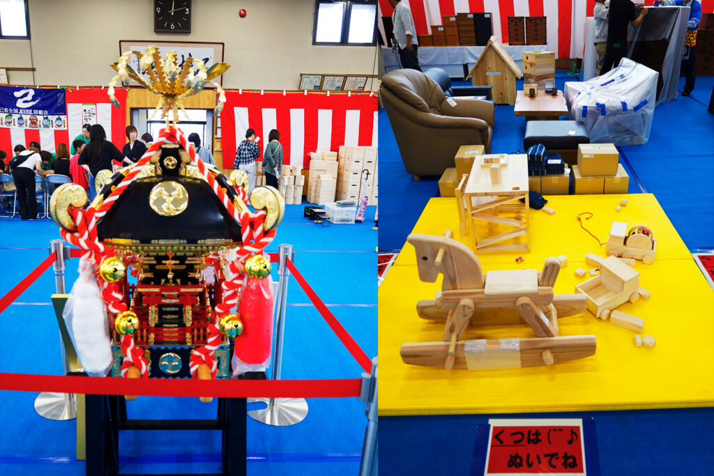 刑務所作業製品の神輿と木工製品