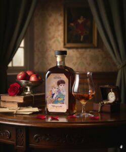 『ポーの一族』ラベルの30年熟成カルヴァドス「Vampanella（バンパネラ）」 とグラス(2)