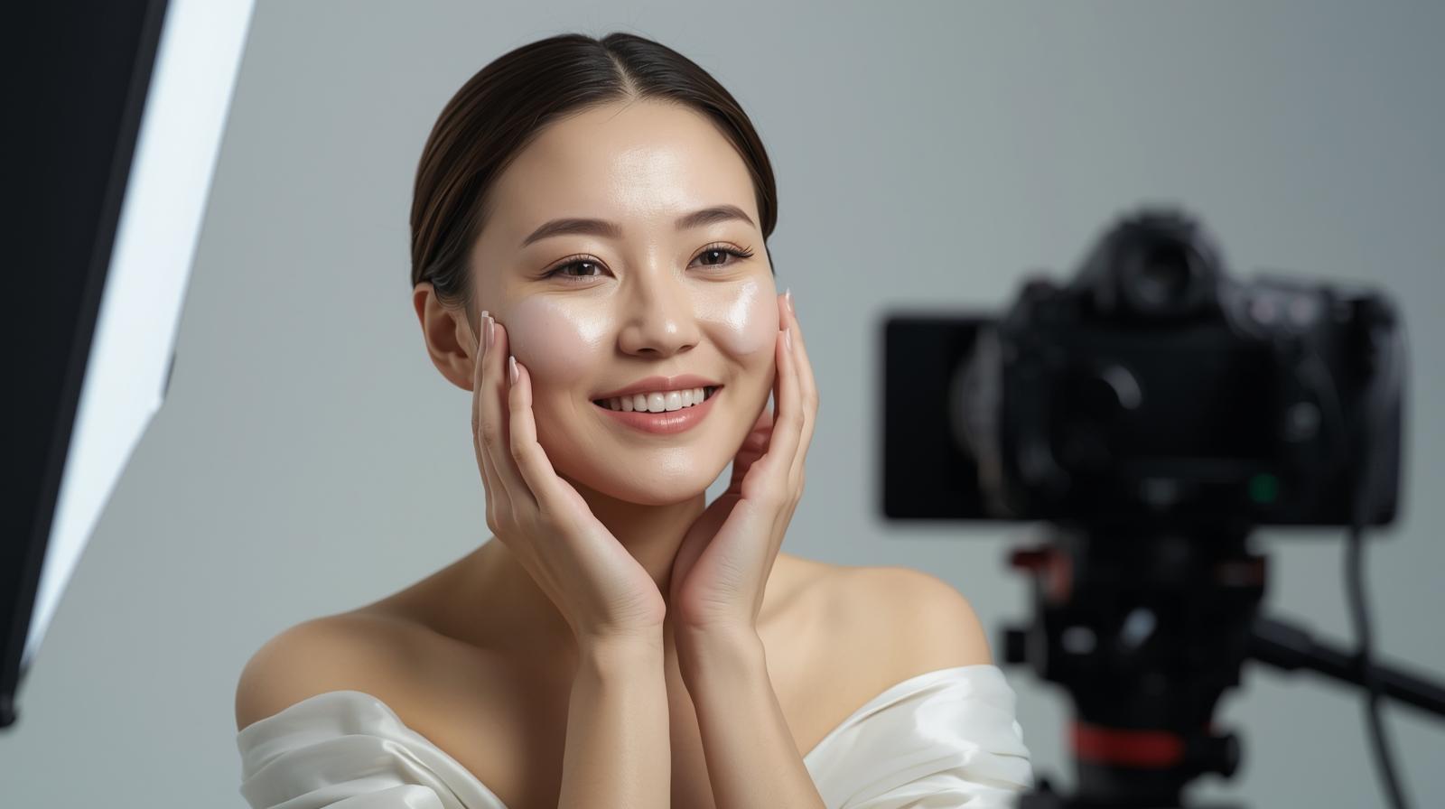 スキンケアの動画を撮影する海外インフルエンサー