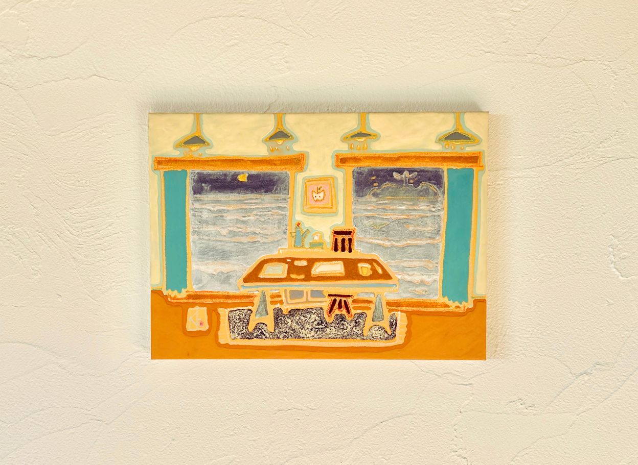 海の見えるアトリエ 45.5×33.3cm, 2026, 麻紙, 岩絵具, 膠, 箔, クレヨン