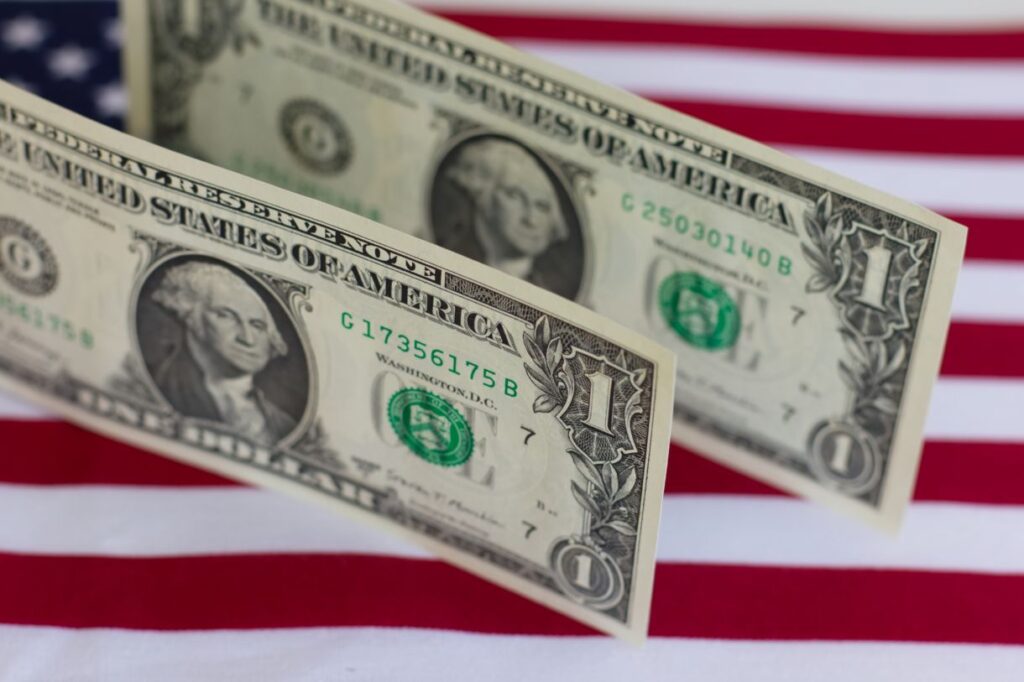アメリカドル紙幣と国旗